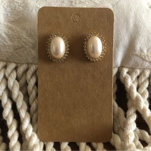 Vintage Monet cream oval cabochon pearl halo pierced earrings